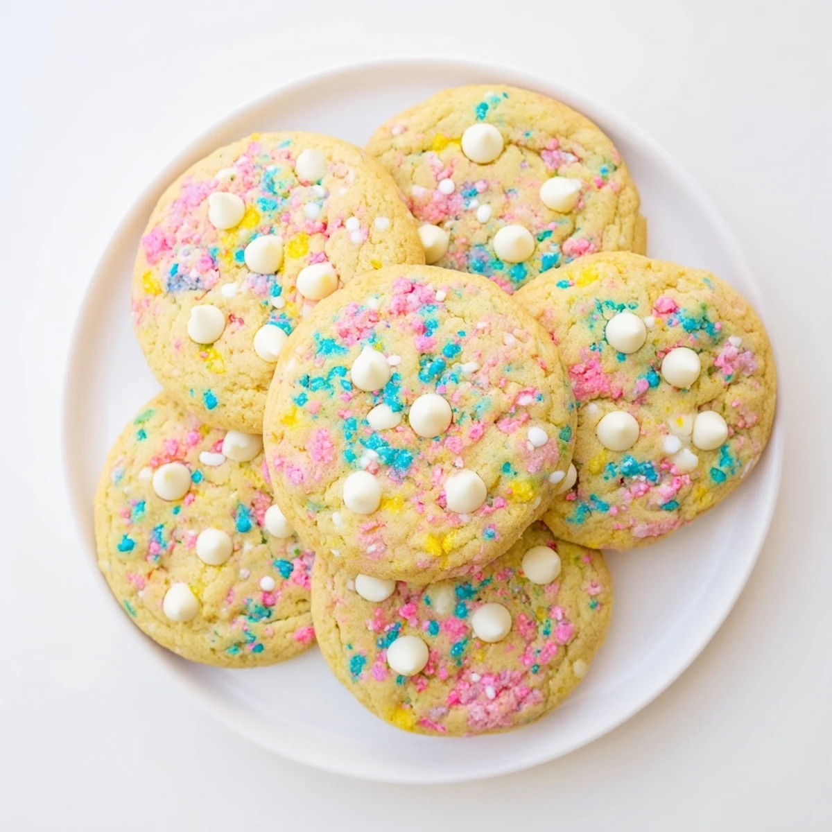 Buttery Easter Funfetti Cookies stacked on a wooden board with white chocolate chips