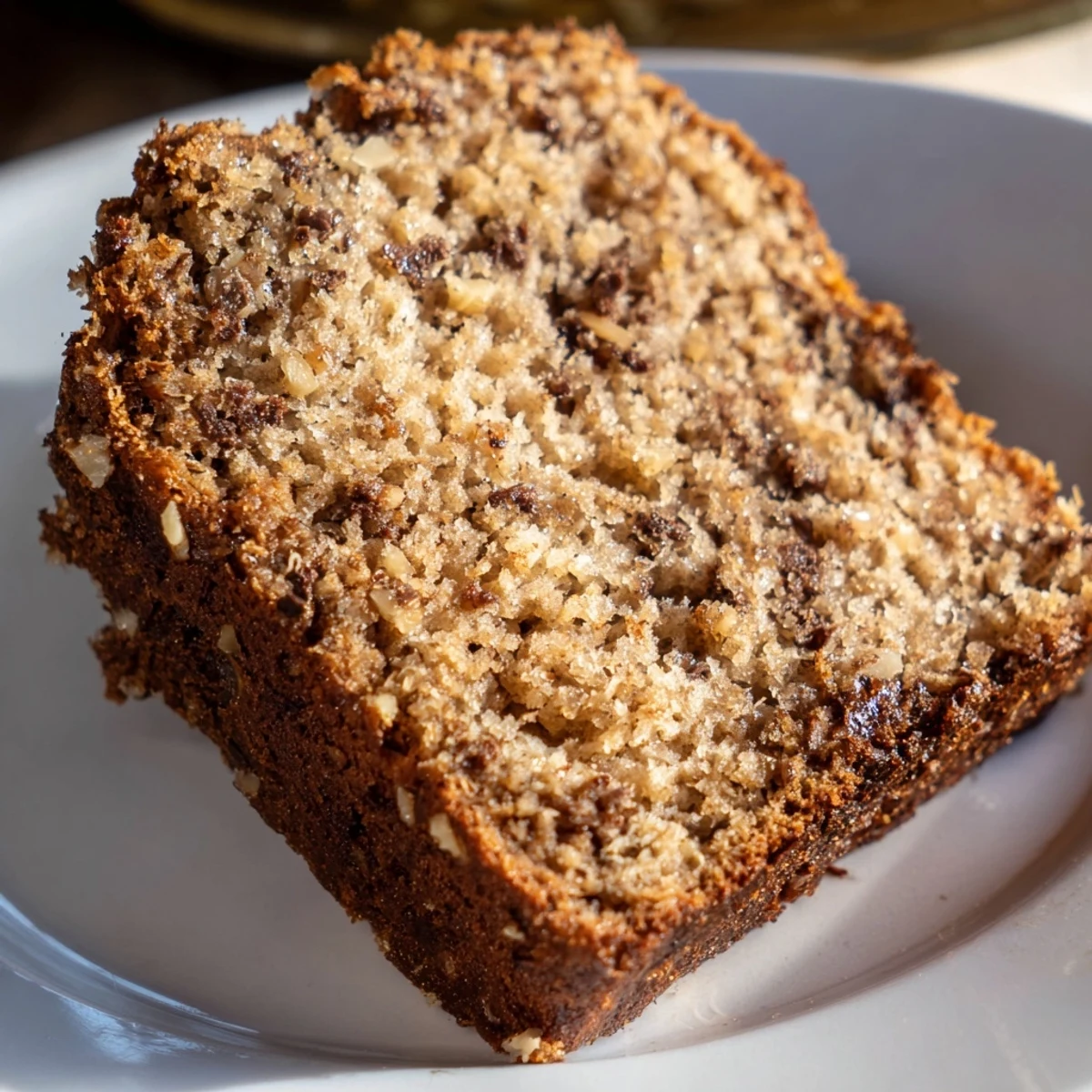 Homemade moist banana bread with a tender crumb, served warm with melting butter on a plate