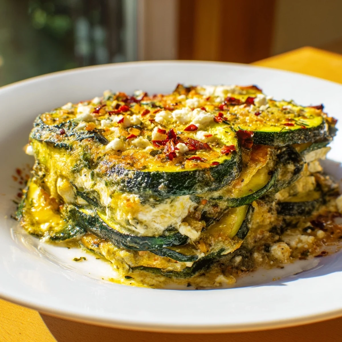 Golden baked zucchini spinach feta casserole with bubbling cheese and tender layered vegetables