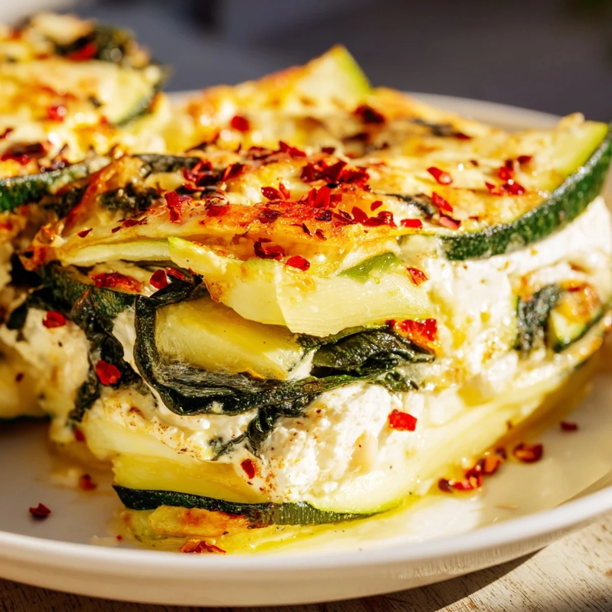 Savory baked zucchini casserole featuring wilted spinach melted feta and golden brown cheese topping