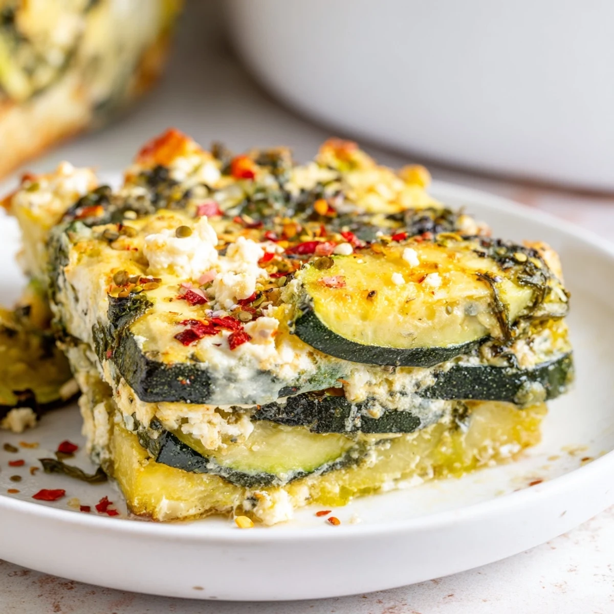 Mediterranean-style zucchini spinach feta casserole served warm in square baking dish with golden top