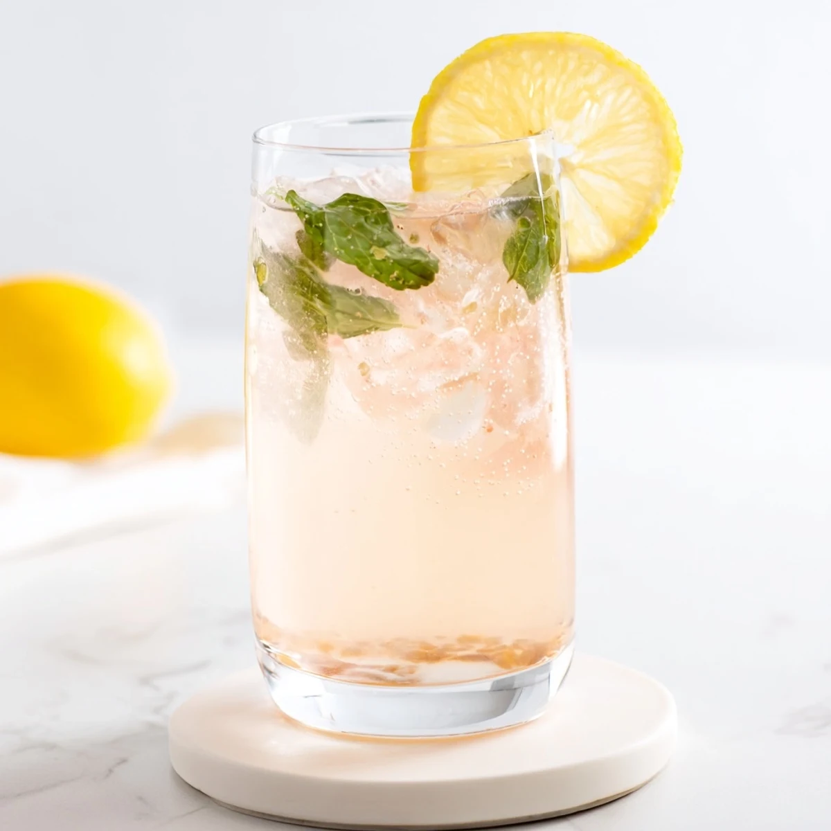 Glass of guava white tea lemonade garnished with fresh lemon slices and mint leaves