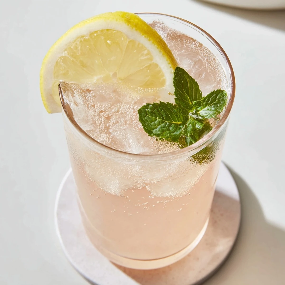 Tropical pink guava white tea lemonade served over ice in a clear pitcher