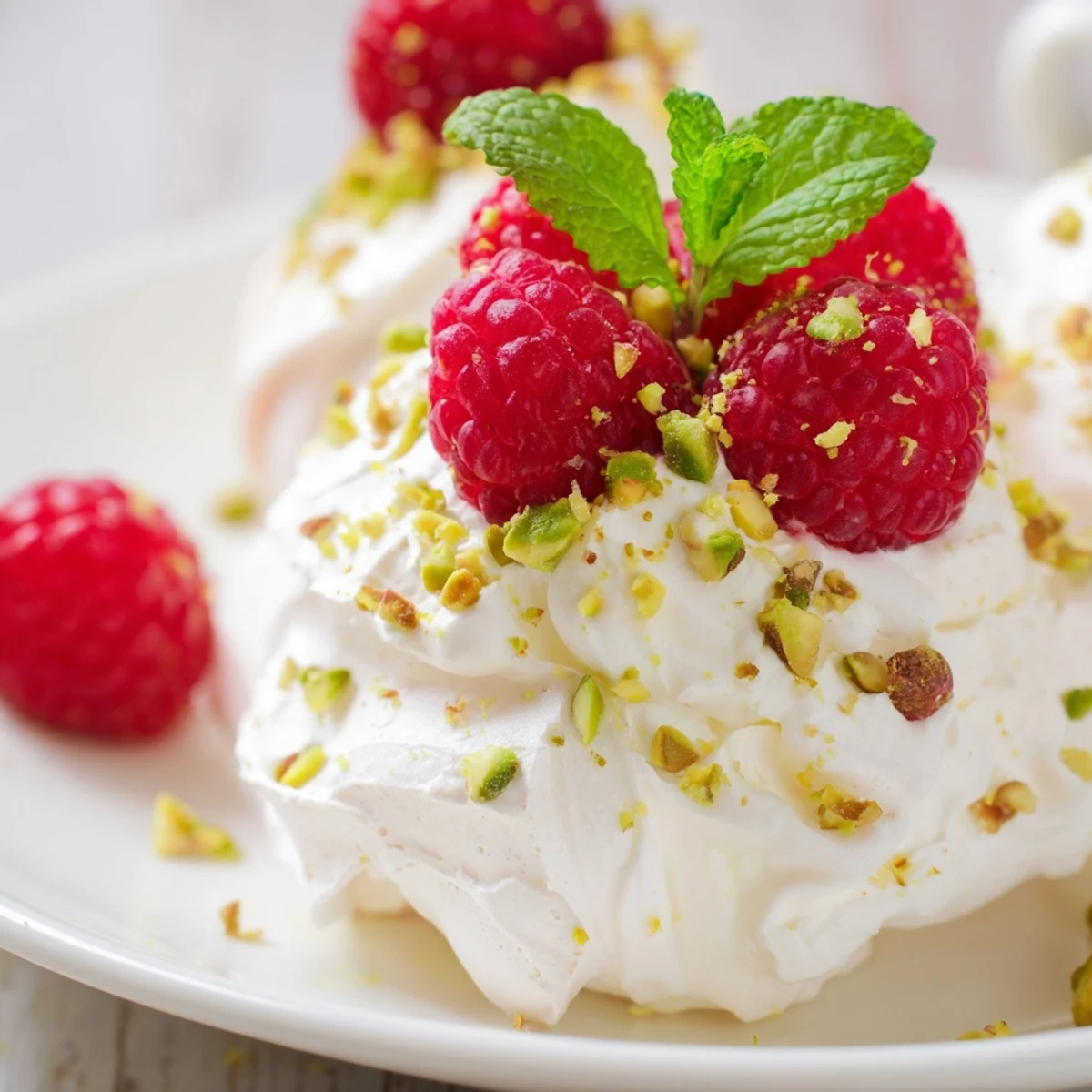 Crisp meringue shells topped with fluffy cream, raspberries, and chopped pistachios