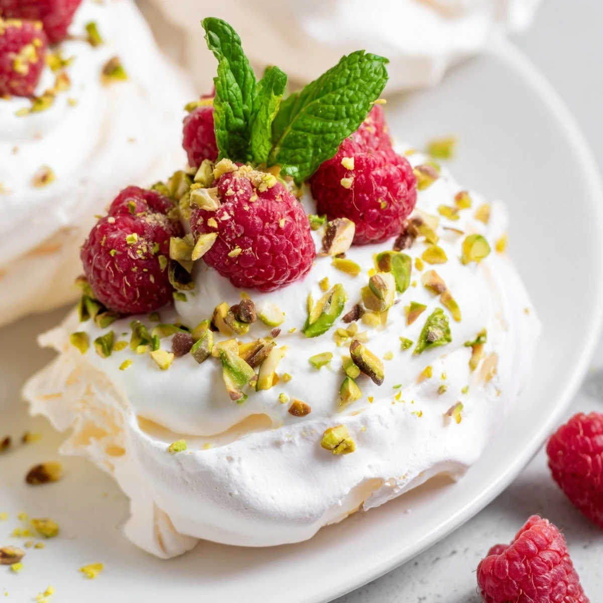 Elegant dessert featuring crisp pistachio meringue nests with whipped cream and bright red berries
