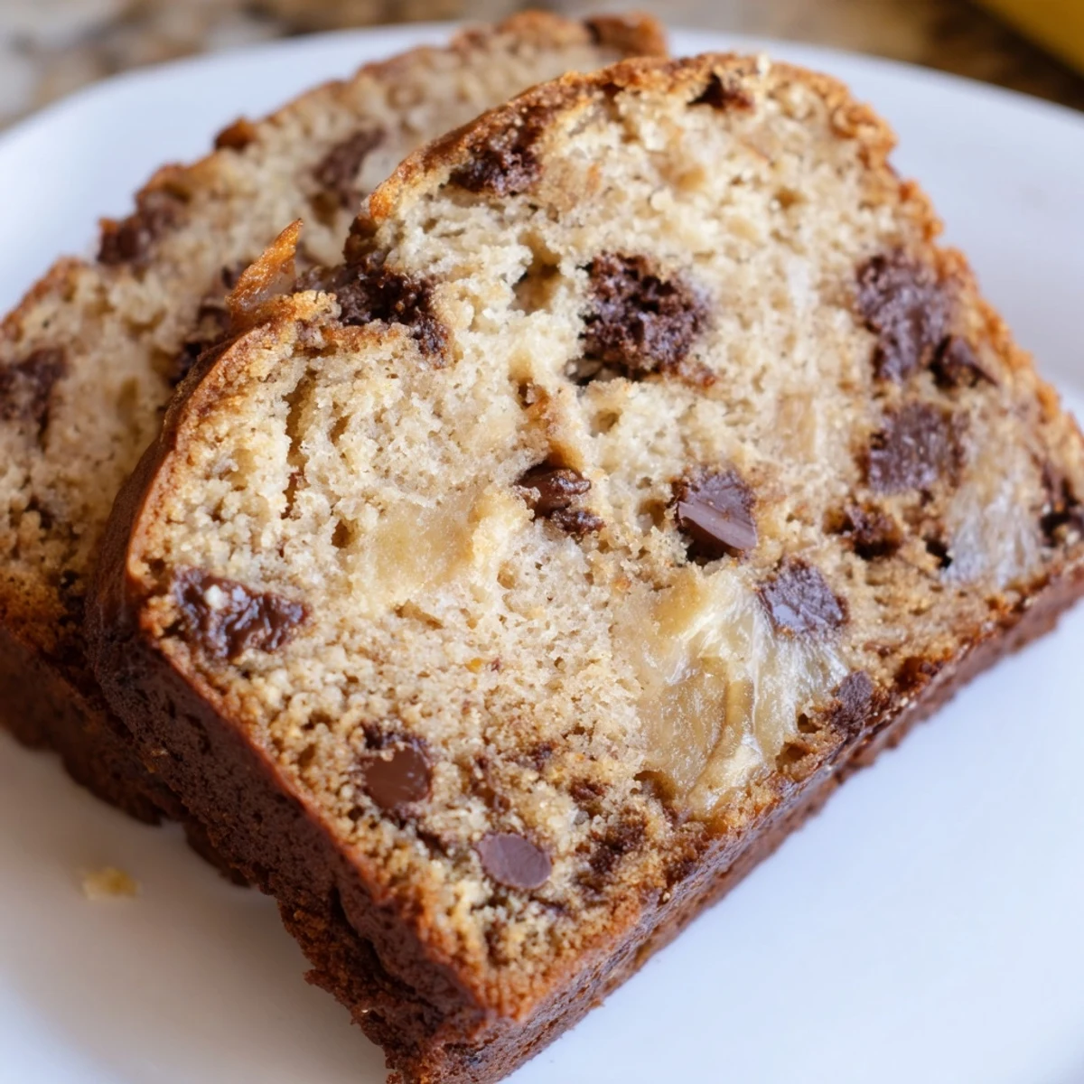 Golden brown classic chocolate chip banana bread loaf with melted chocolate chips on top
