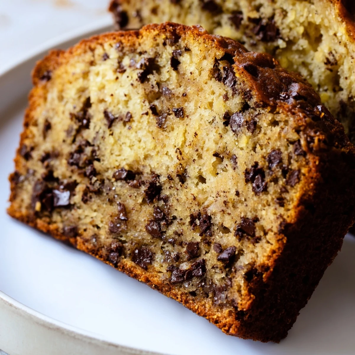 Sliced classic chocolate chip banana bread revealing soft moist texture and scattered chocolate chunks