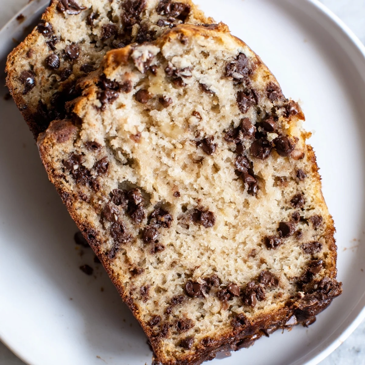 Freshly baked classic chocolate chip banana bread cooling on wire rack with chocolate chip topping