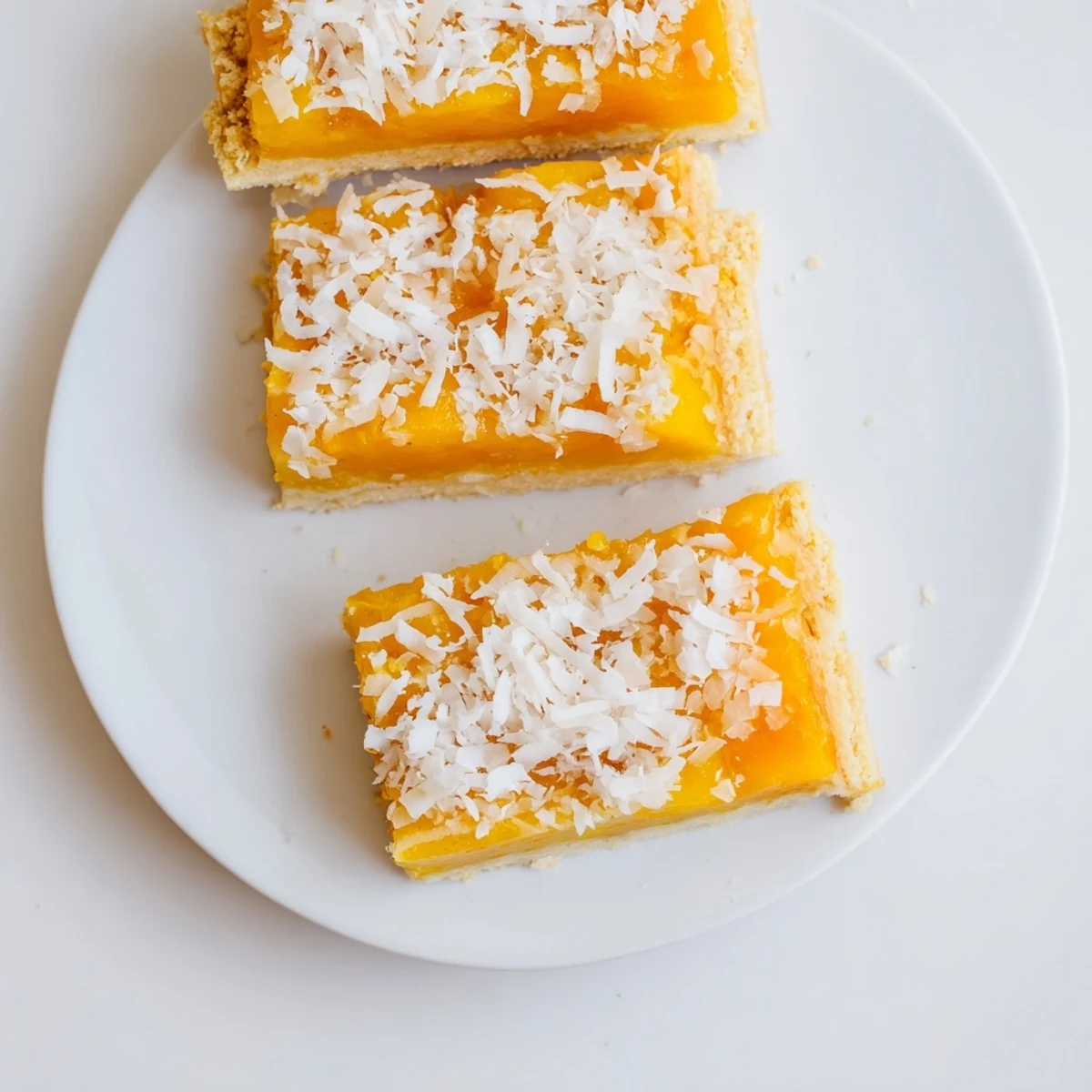 Golden mango coconut bars with flaky crust and toasted coconut topping on white plate