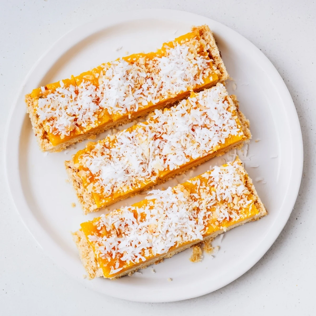 Fresh mango coconut bars cut into squares with golden crust and coconut garnish on serving tray