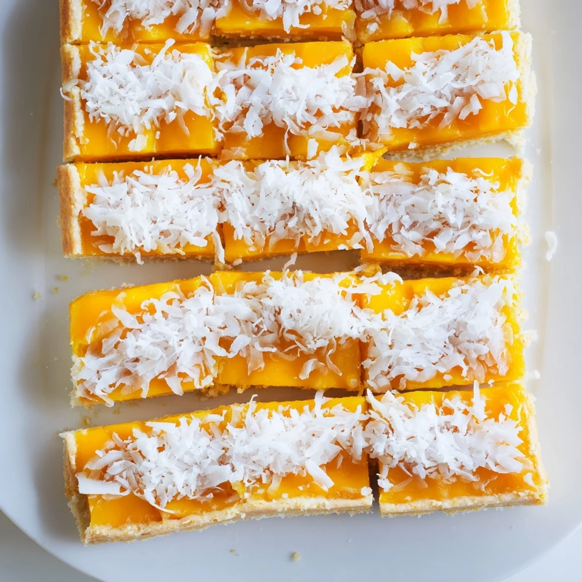 Chewy tropical dessert bars featuring sweet mango filling and creamy coconut layers dusted with shredded coconut