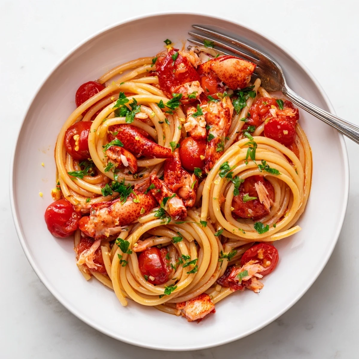 Golden lobster bucatini pasta glistening in rich tomato white wine sauce with fresh parsley