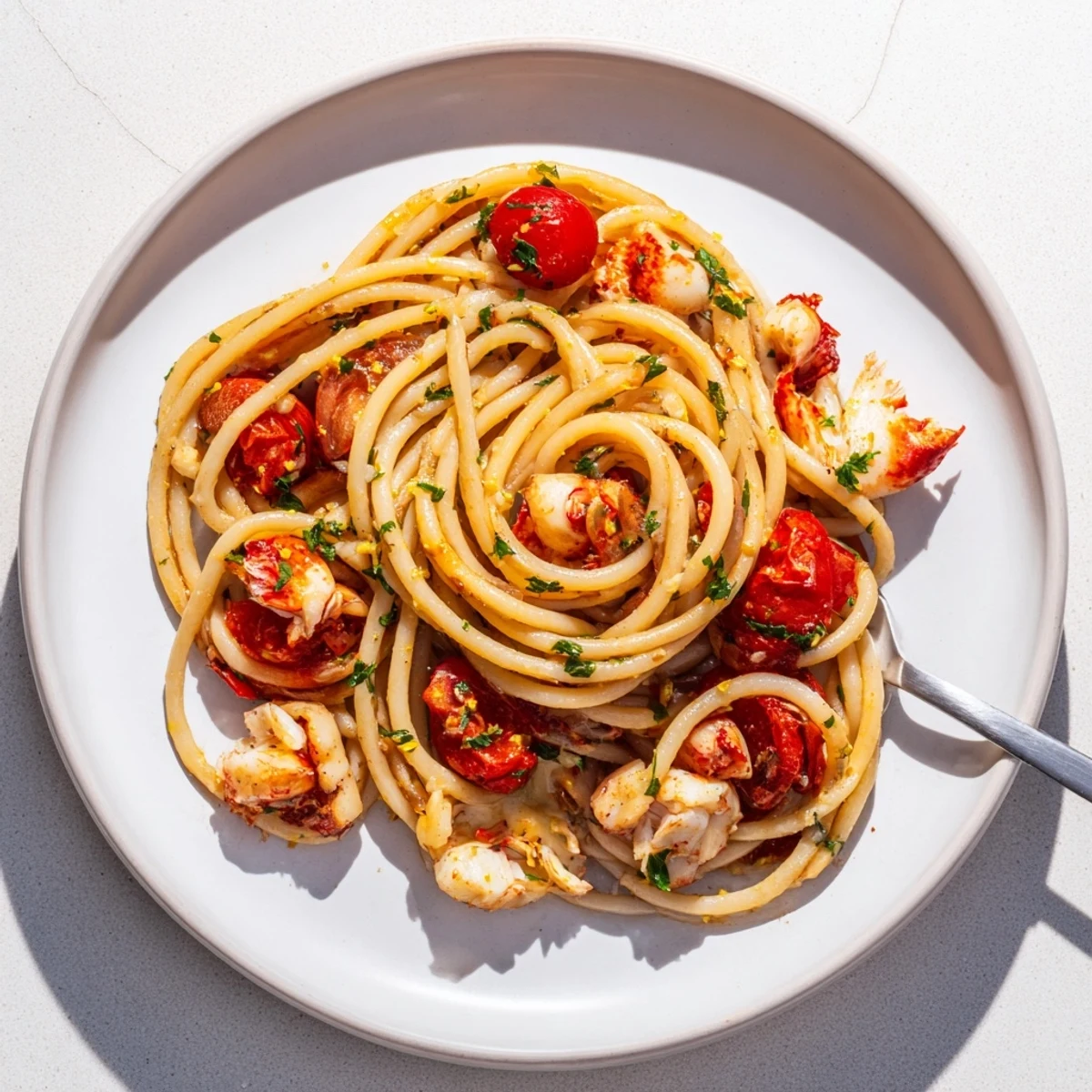 Creamy lobster bucatini pasta twirled on a fork with tender claw meat and cherry tomatoes