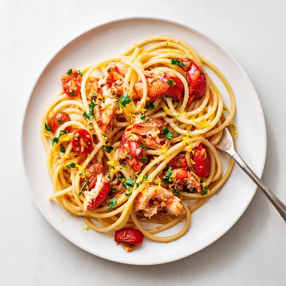 Plate of luxurious lobster bucatini pasta garnished with lemon zest and vibrant red pepper flakes