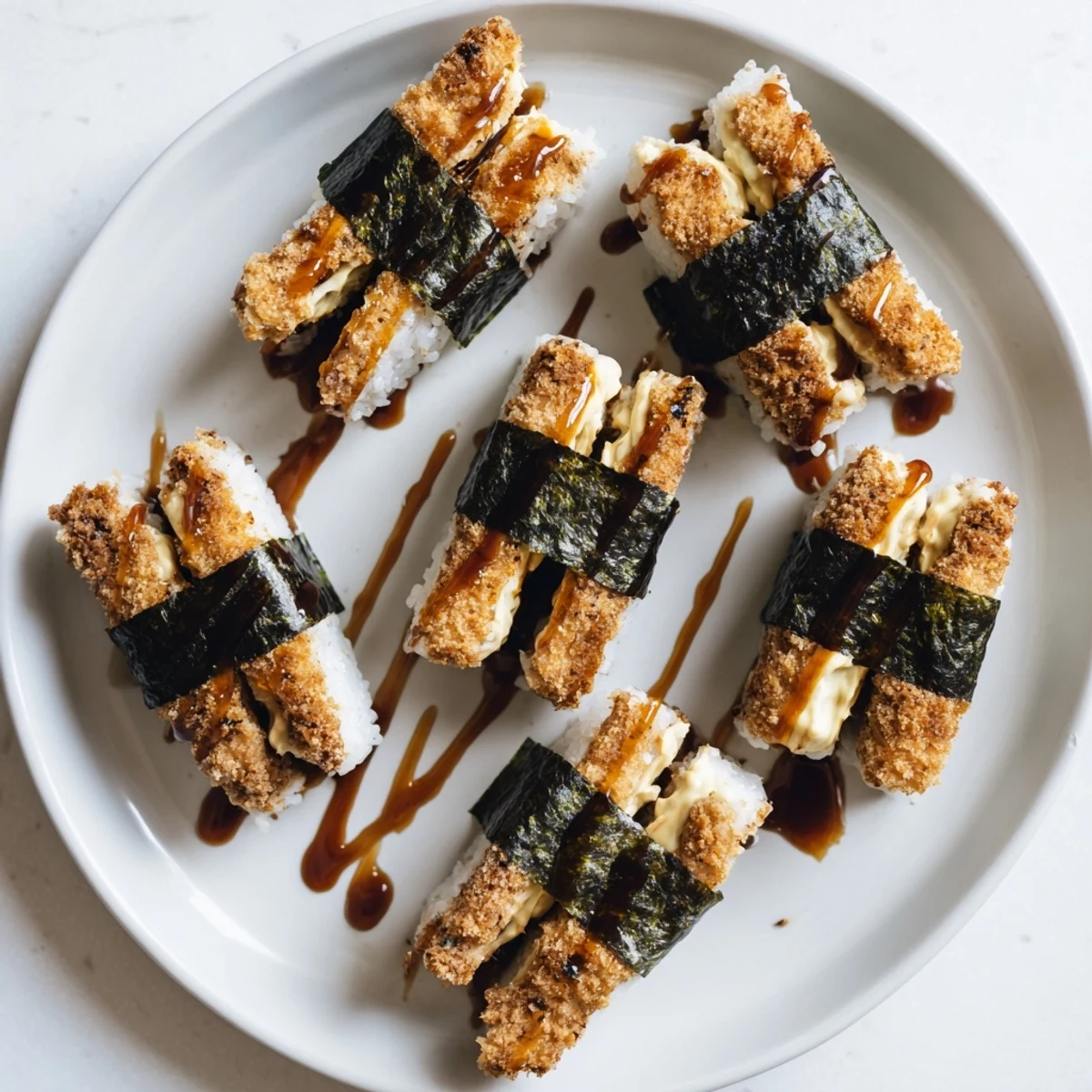 Golden crispy chicken katsu musubi wrapped in nori with fluffy seasoned rice layers