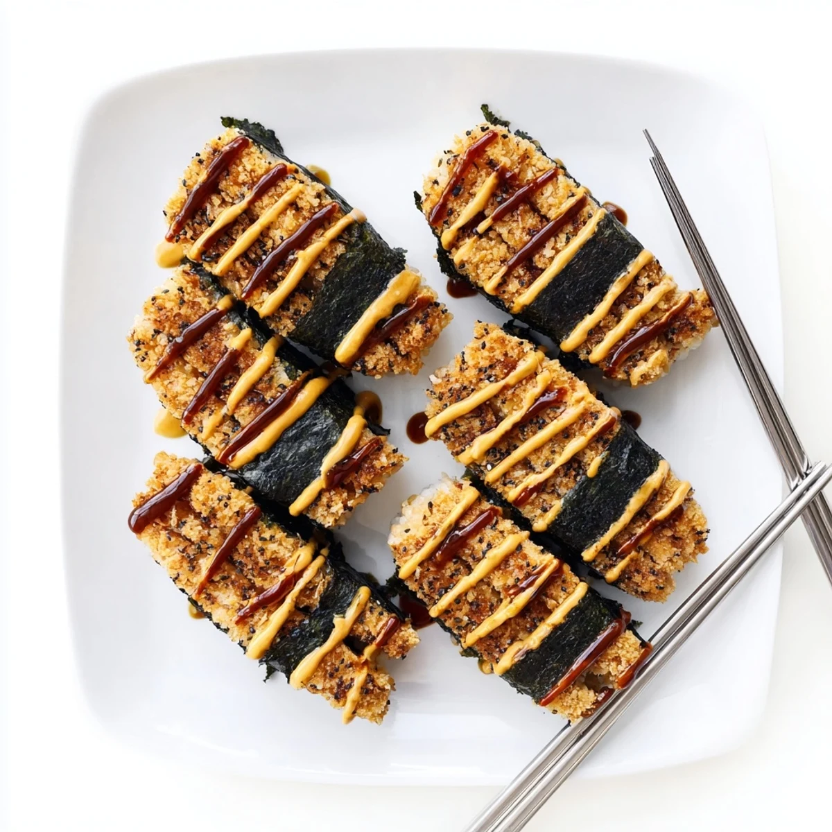 Hawaiian-Japanese fusion snack featuring panko-crusted chicken atop vinegar rice in seaweed wrap