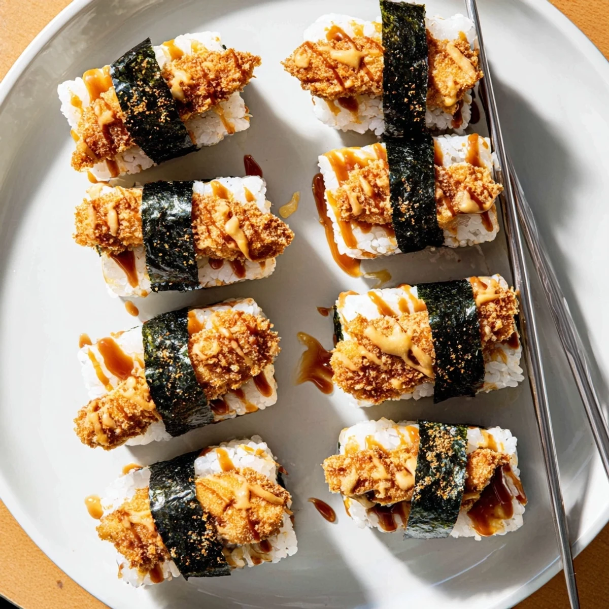 Portable chicken katsu musubi sliced to reveal tender meat and sticky white rice