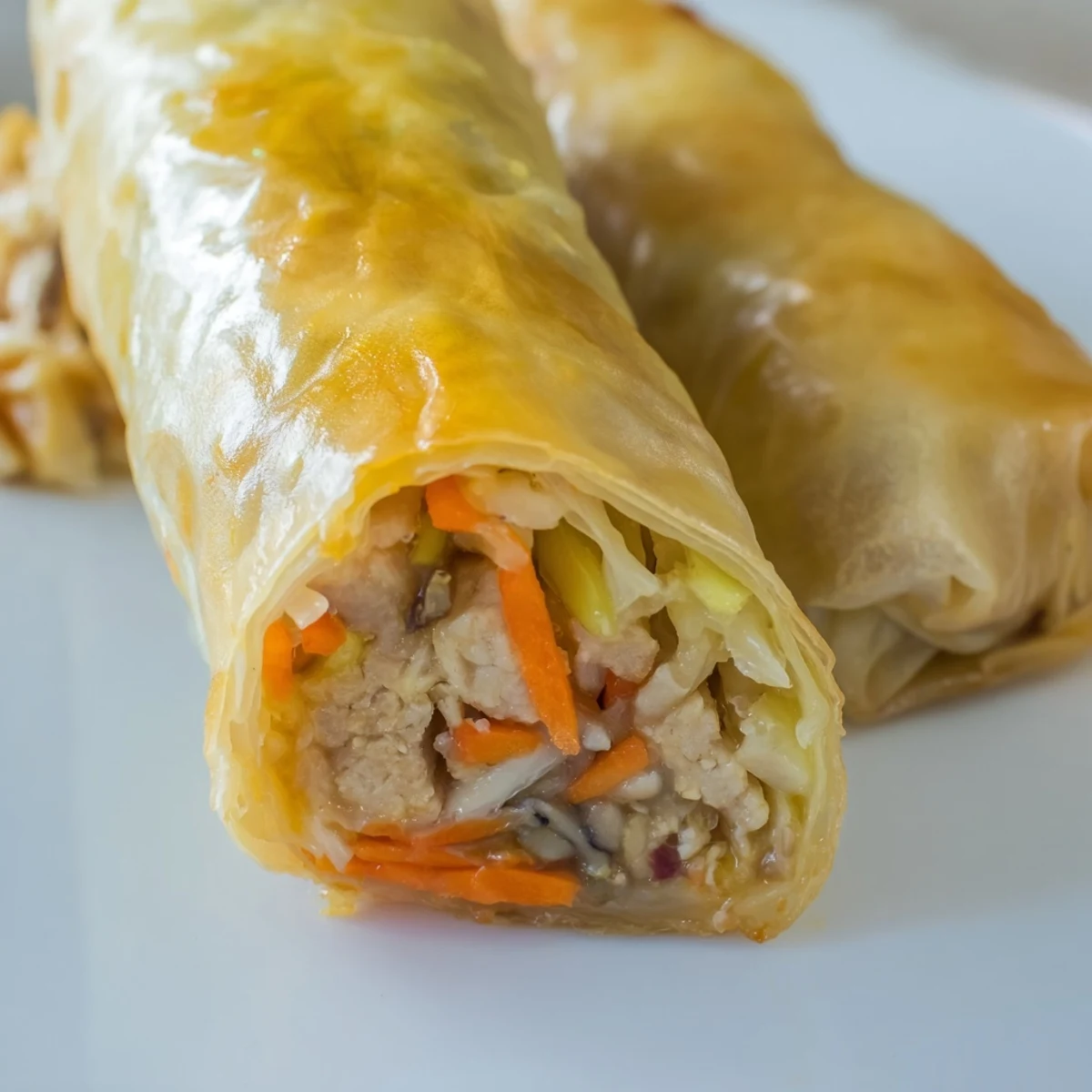 Golden crispy rice paper spring rolls filled with savory vegetables and protein on a white plate