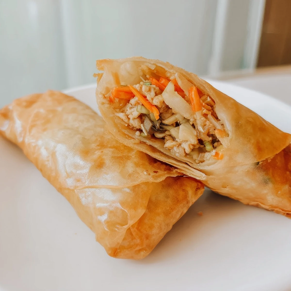 Homemade crispy rice paper spring rolls arranged on a serving platter with tangy dipping sauce