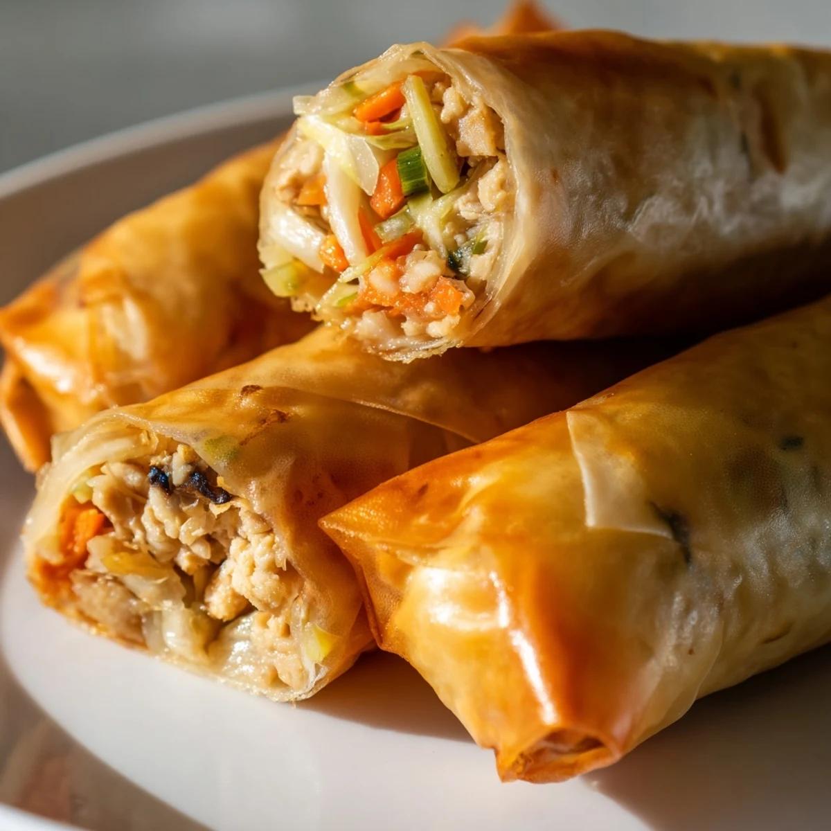 Baked gluten-free crispy rice paper spring rolls showcasing golden wrappers and colorful vegetable filling
