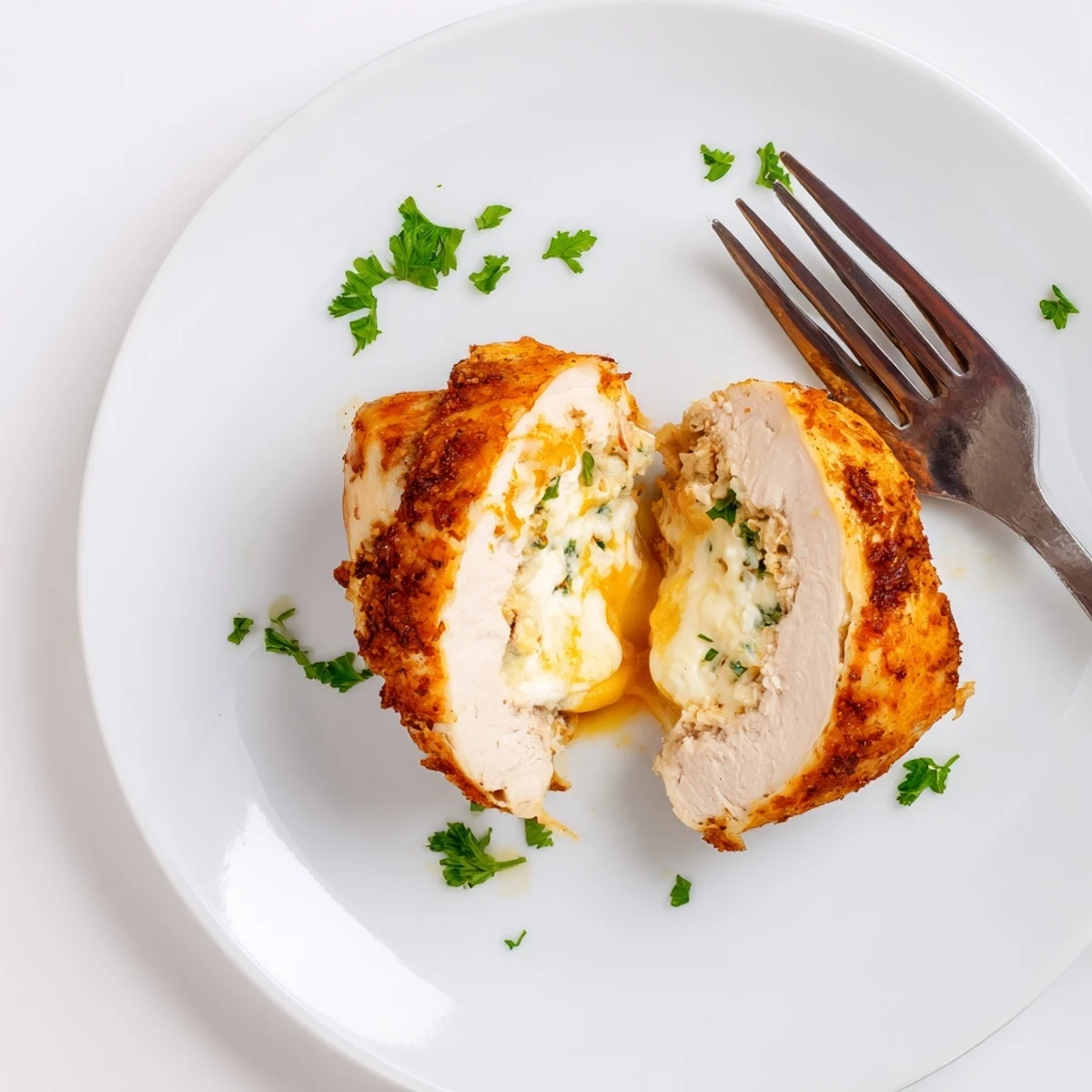 Golden brown Ruths Chris stuffed chicken breast oozing melted three-cheese filling with fresh herbs