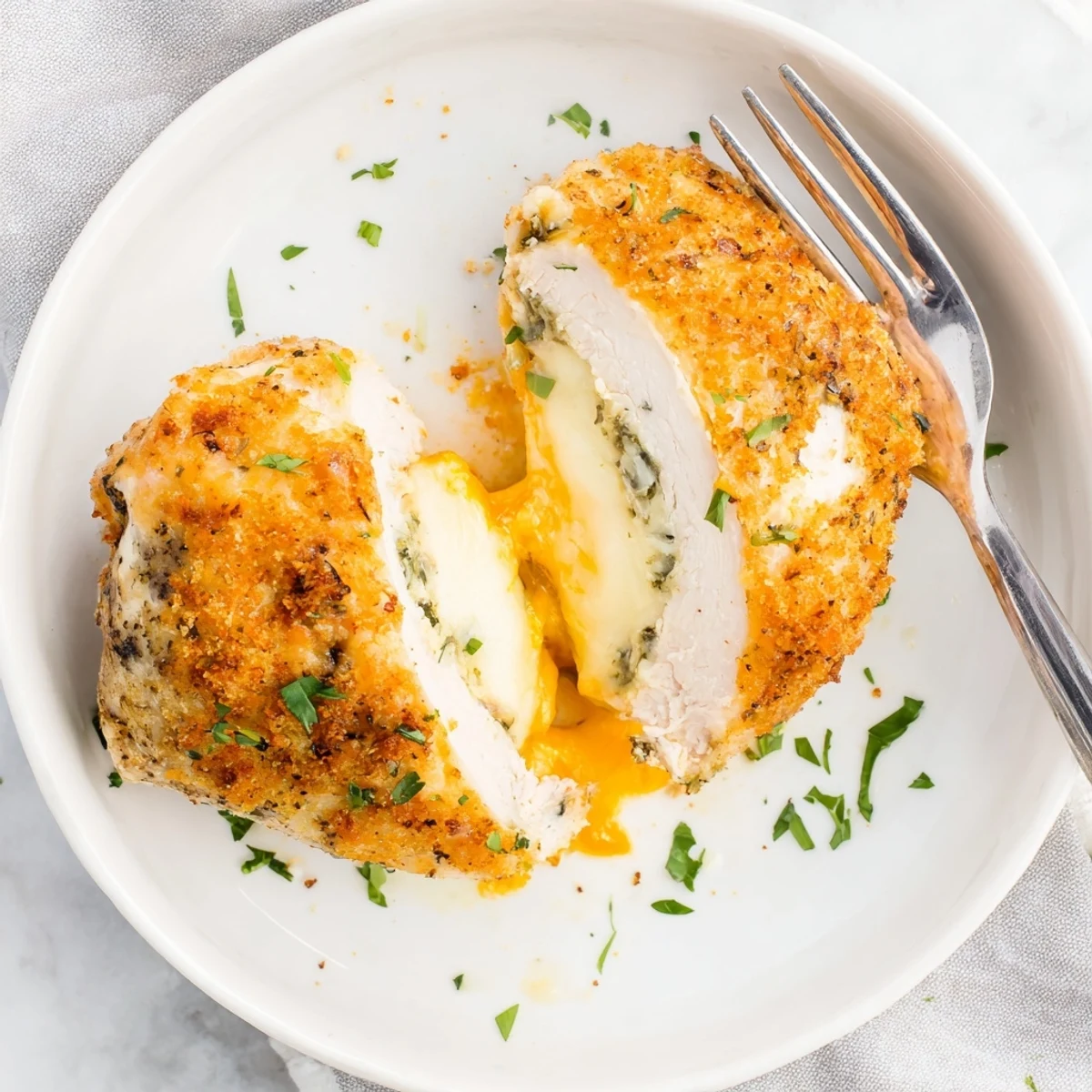 Juicy Ruths Chris stuffed chicken breast sliced open to reveal creamy mozzarella and cheddar center