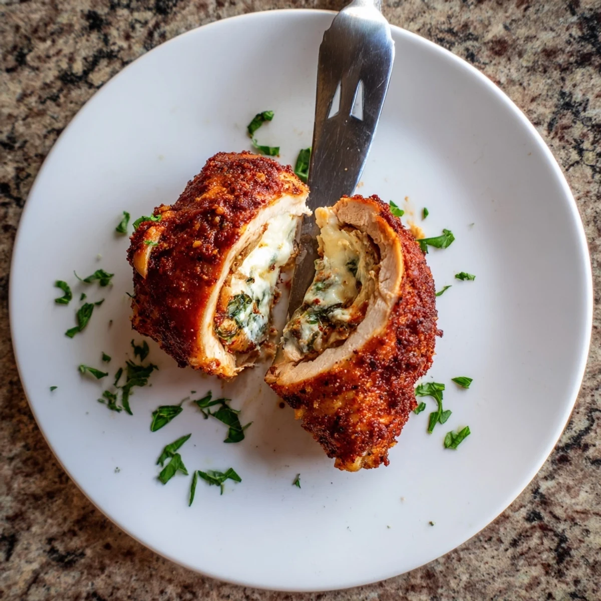 Restaurant-style Ruths Chris stuffed chicken breast plated hot with golden crispy seasoned skin