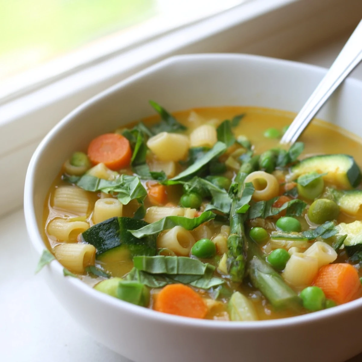 Bowl of spring minestrone soup featuring asparagus, peas, zucchini, and tender pasta in aromatic vegetable broth