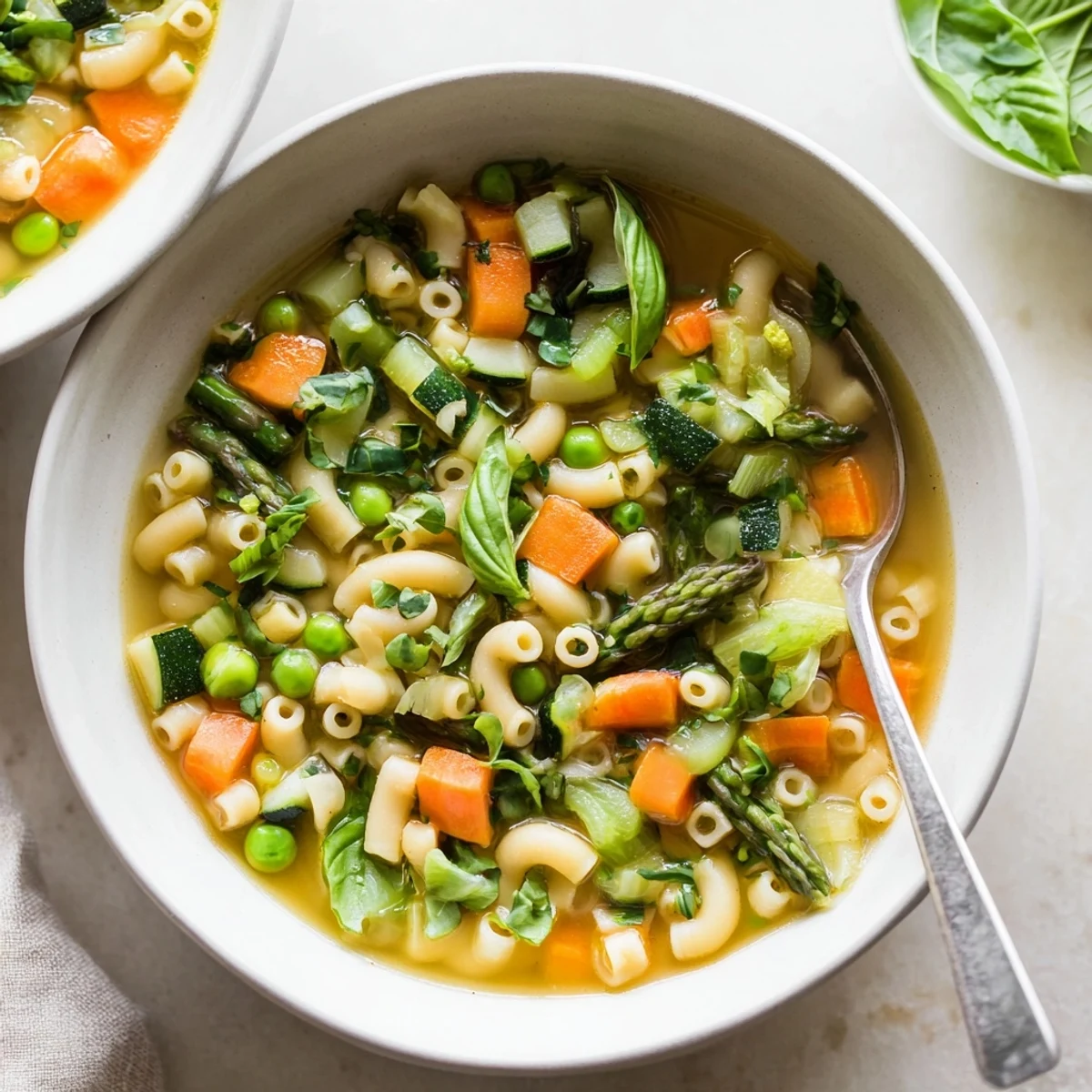 Vibrant spring minestrone soup garnished with fresh basil and parmesan, showcasing colorful seasonal vegetables