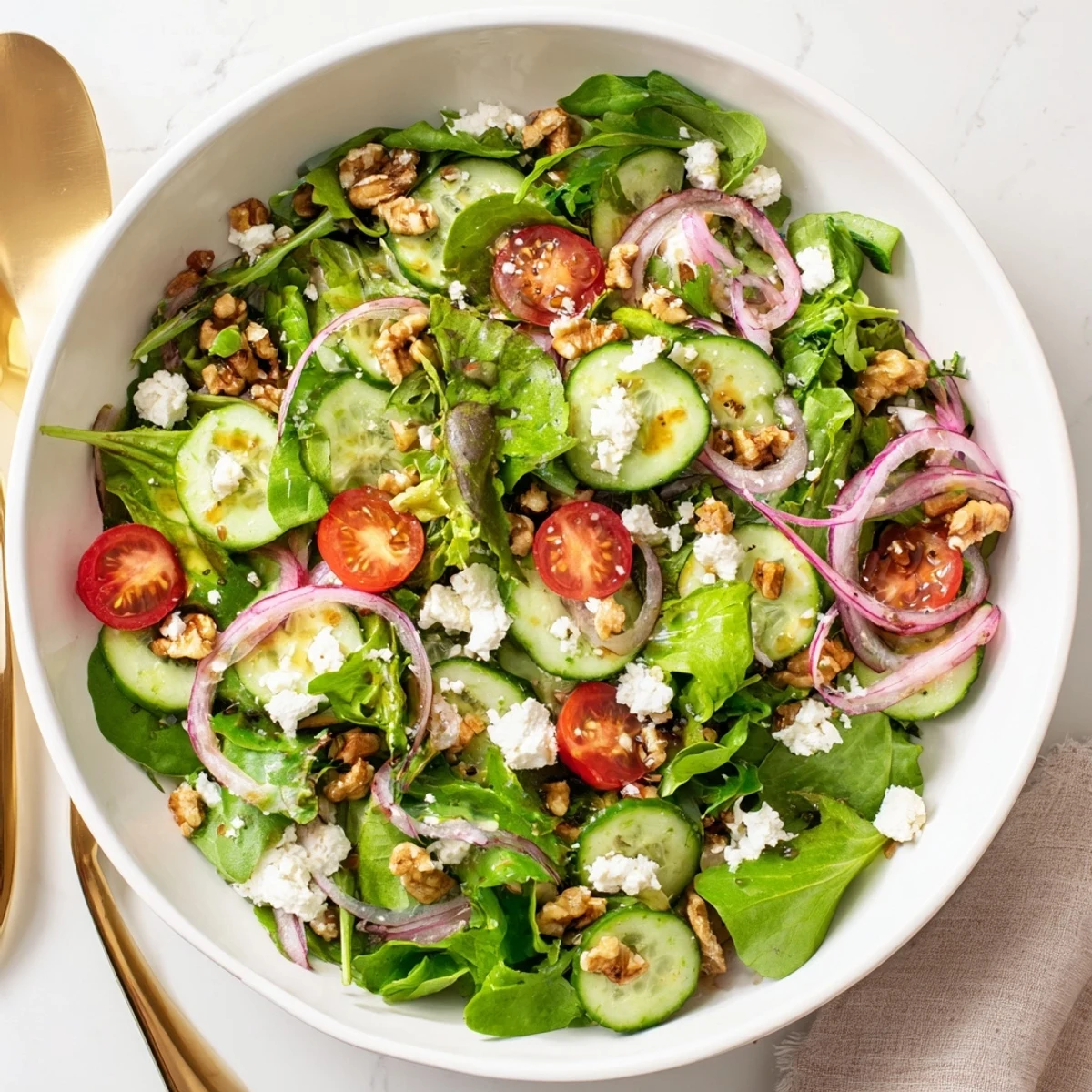 Bowl of vibrant spring greens topped with sweet-tangy honey balsamic dressing and crunchy toasted walnuts
