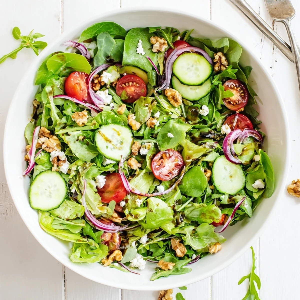 Fresh spring mix salad with balsamic honey dressing drizzled over colorful cherry tomatoes and crisp cucumber slices