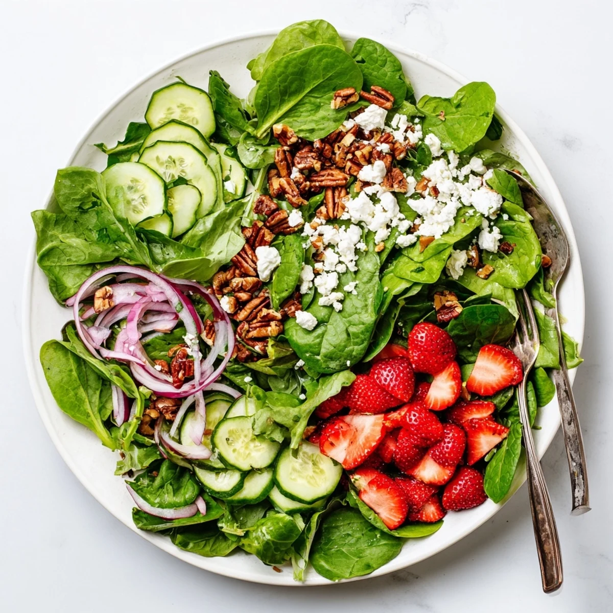 Fresh strawberry crunch salad with sliced strawberries, mixed greens, and toasted pecan topping