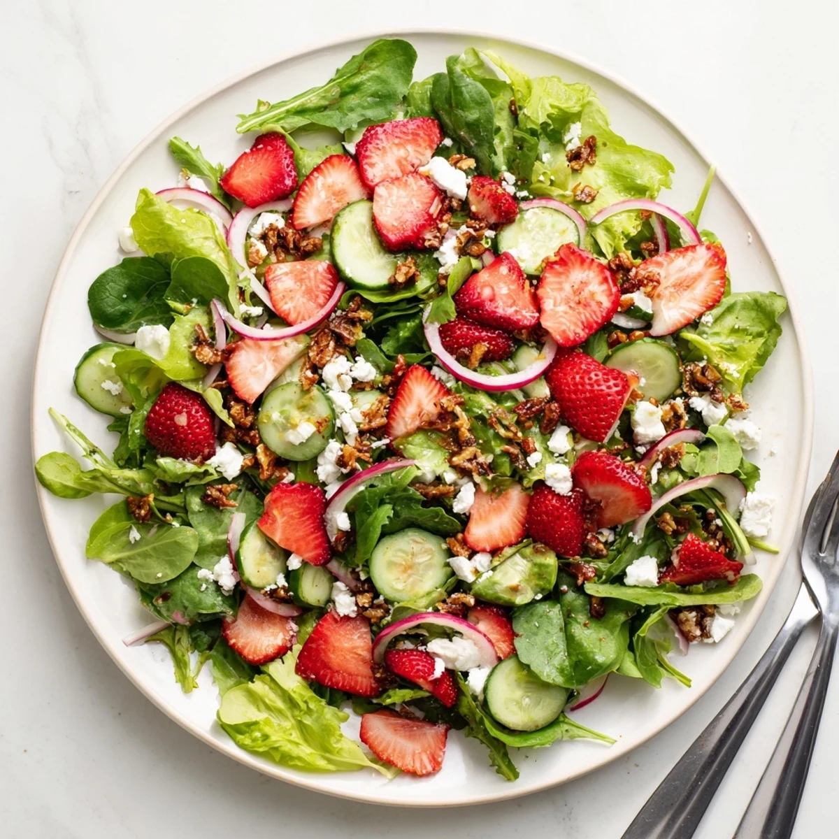 Vibrant summer strawberry crunch salad layered with crisp vegetables and crunchy fried onions