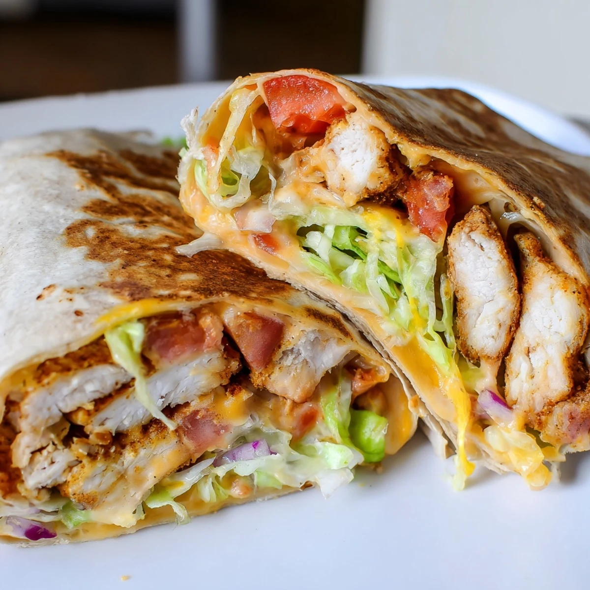 Golden cheesy garlic chicken wraps overflowing with fresh vegetables in soft flour tortillas