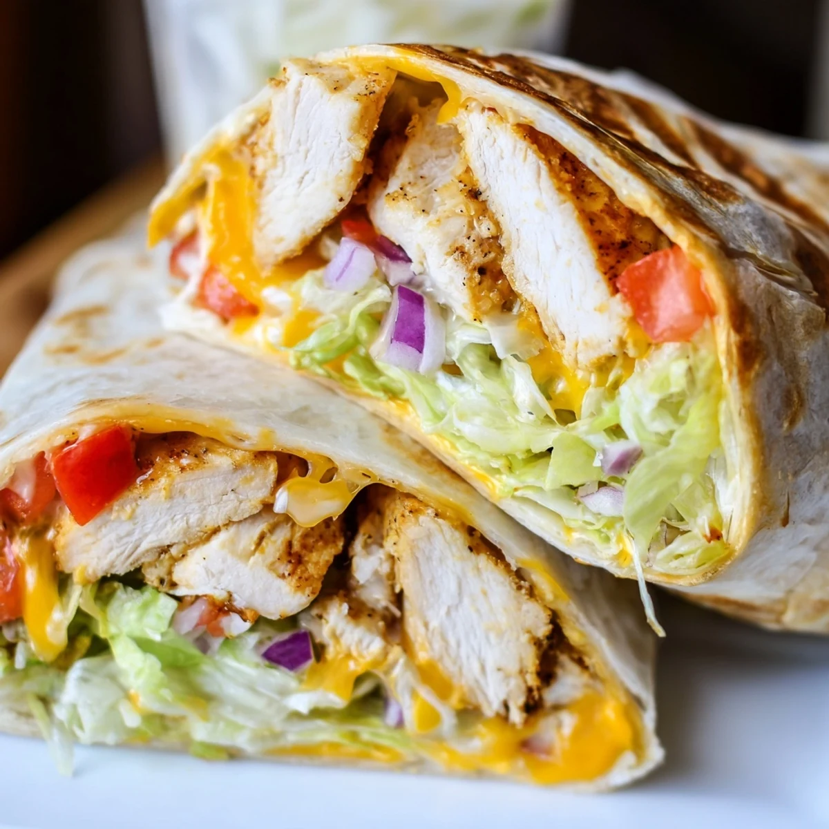 Delicious chicken wraps stuffed with mozzarella cheddar cheese lettuce tomato and red onion