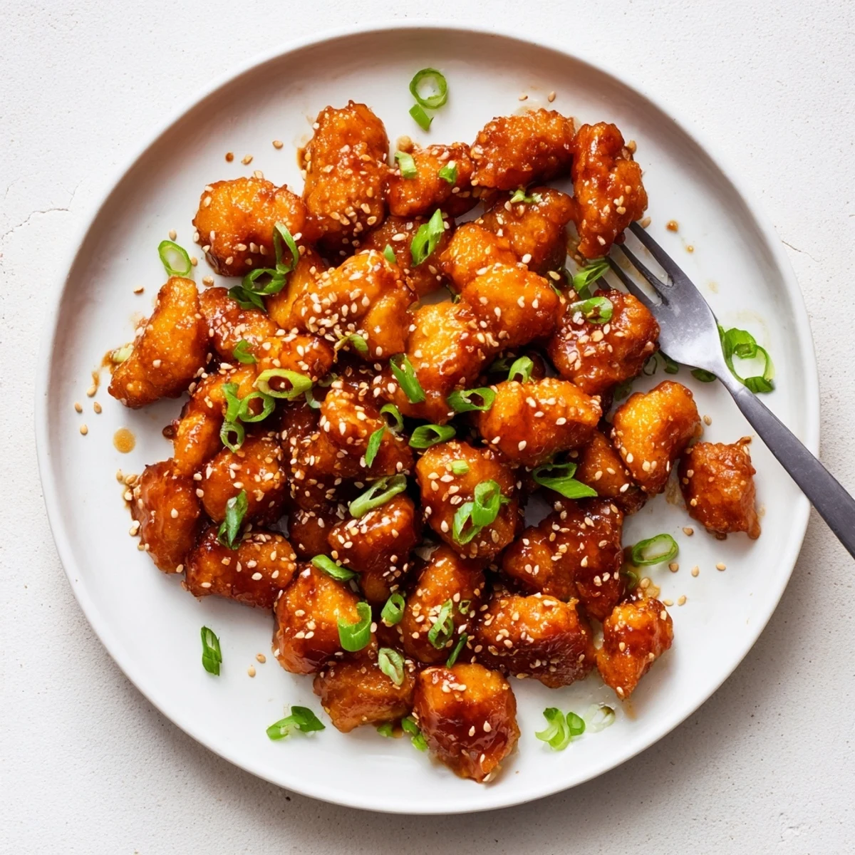 Golden brown honey garlic chicken pieces glazed in sticky sweet sauce with sesame seeds