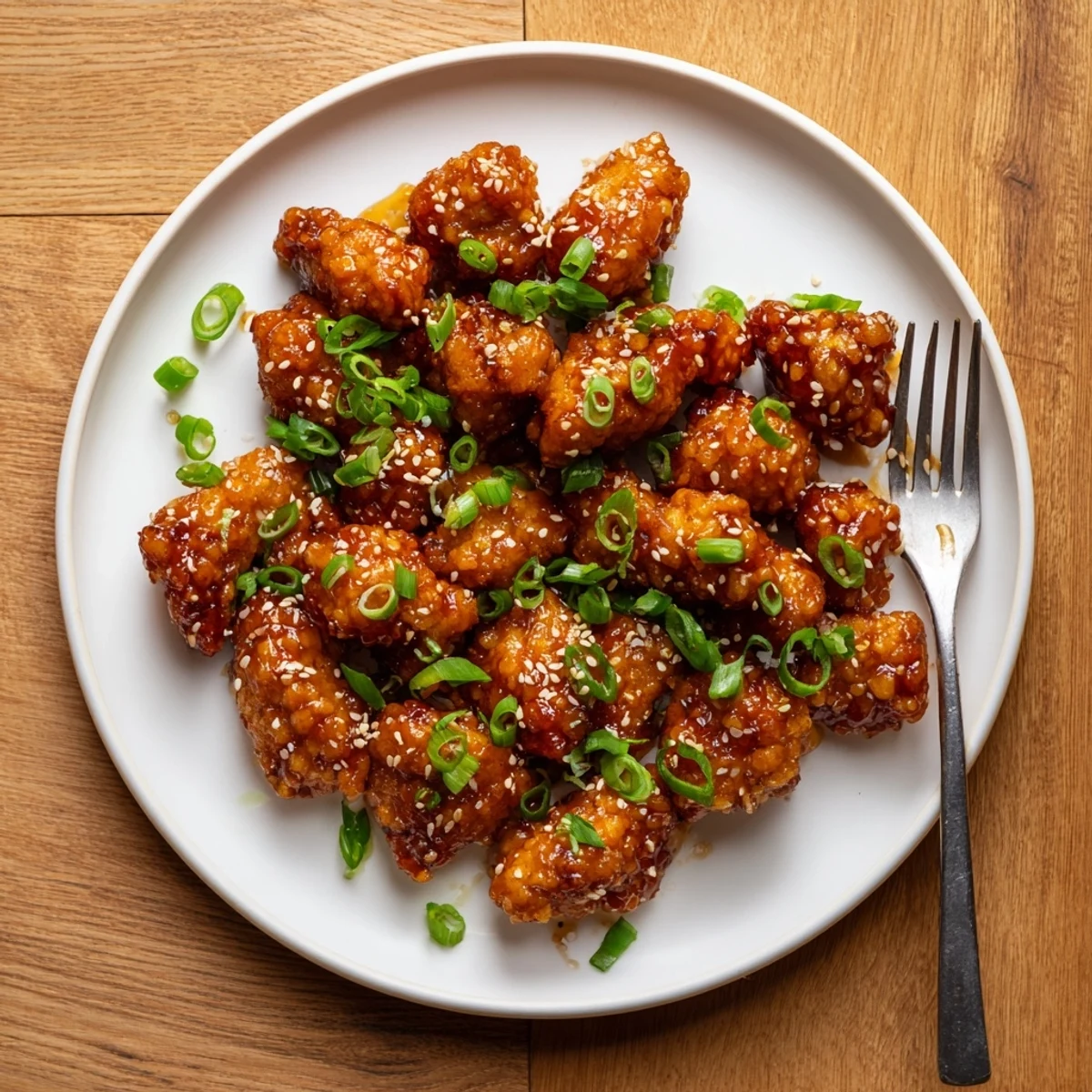 Tender chicken breast bites coated in rich honey garlic glaze garnished with green onions