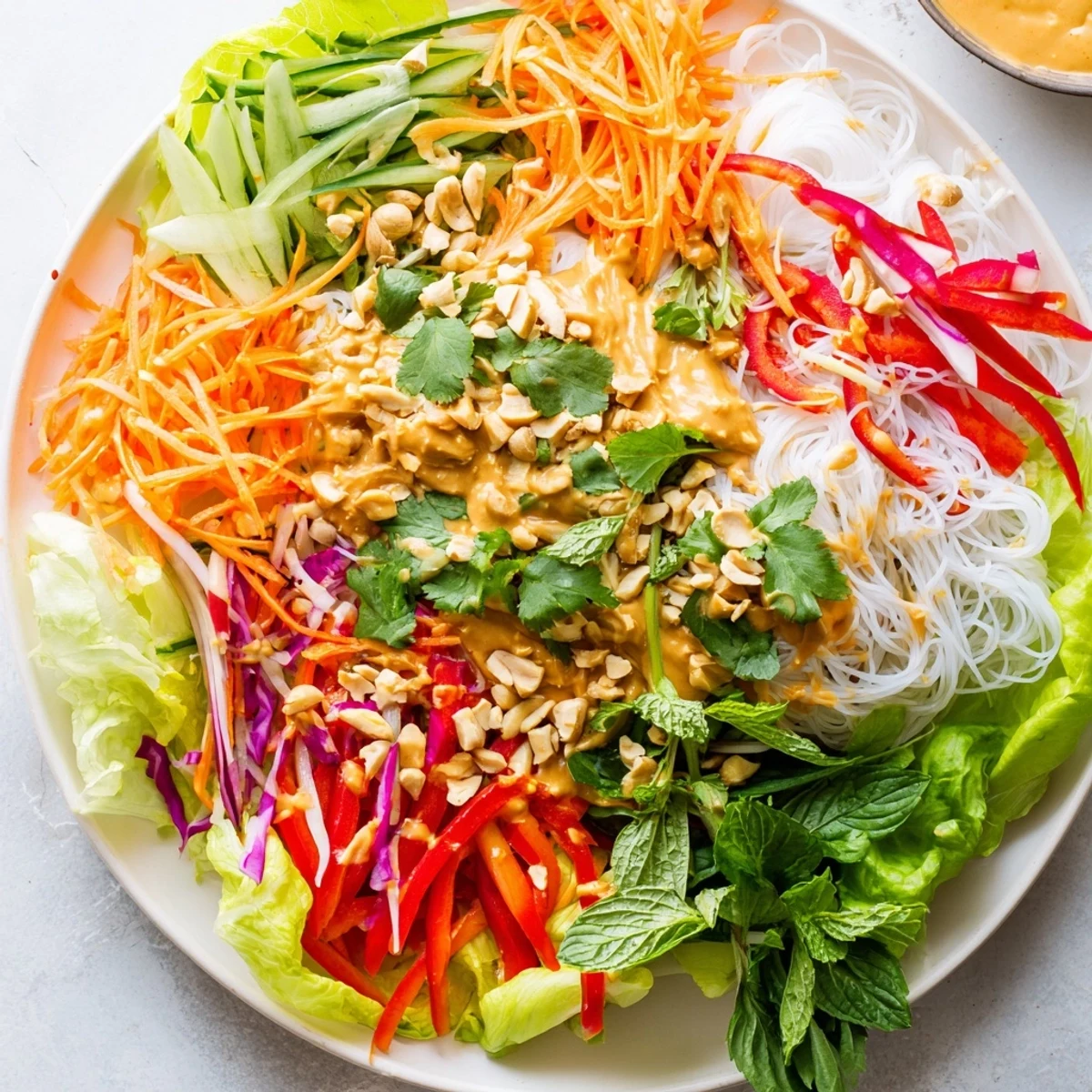 Fresh spring roll salad bowl drizzled with creamy peanut dressing and crunchy roasted peanuts