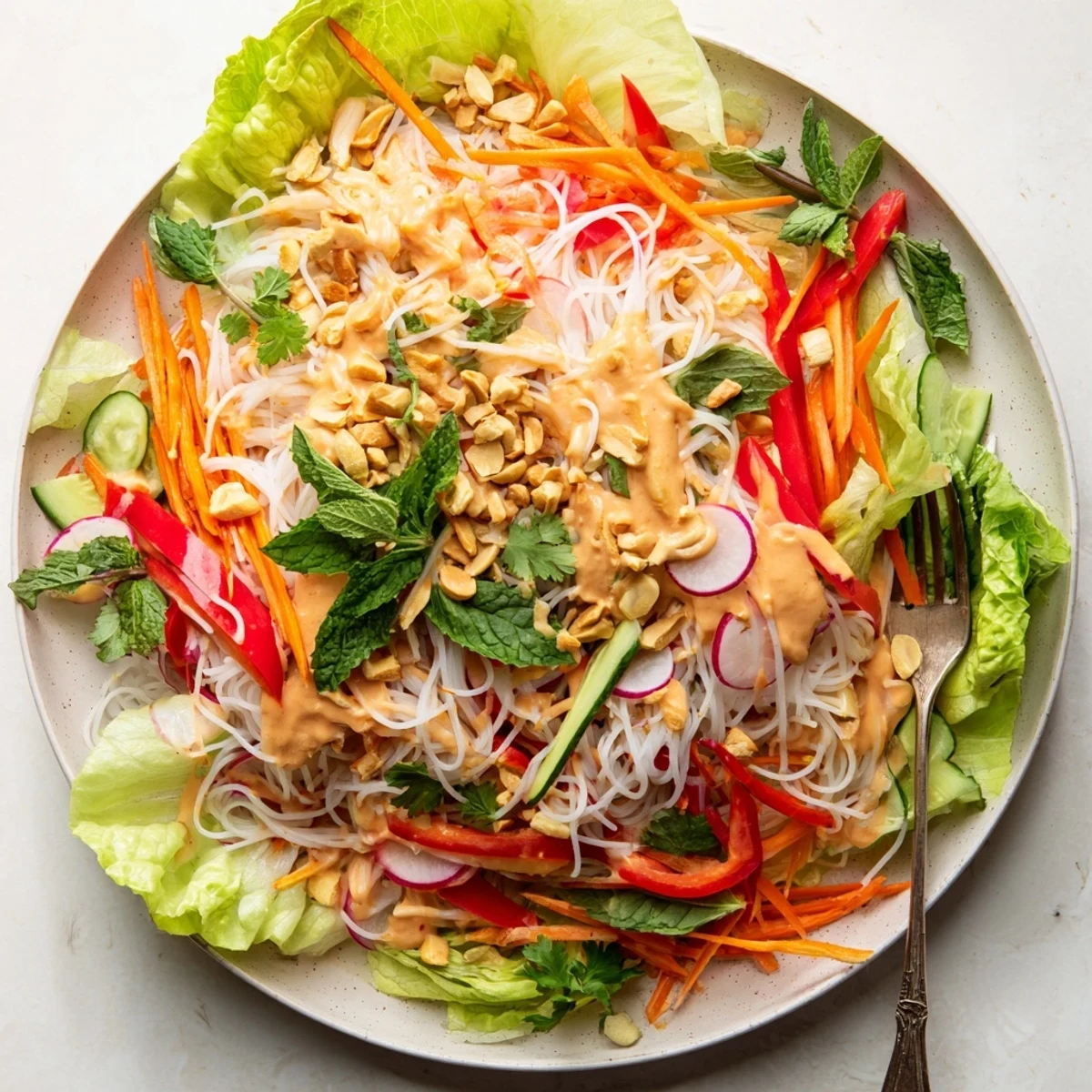 Vietnamese-inspired spring roll salad with peanut dressing arranged on butter lettuce with vibrant herbs