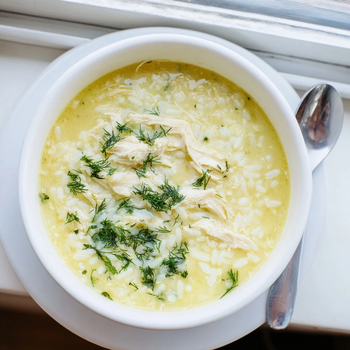 Creamy Avgolemono Greek lemon chicken soup featuring tender shredded chicken and fluffy rice in a silky golden broth topped with fresh dill.