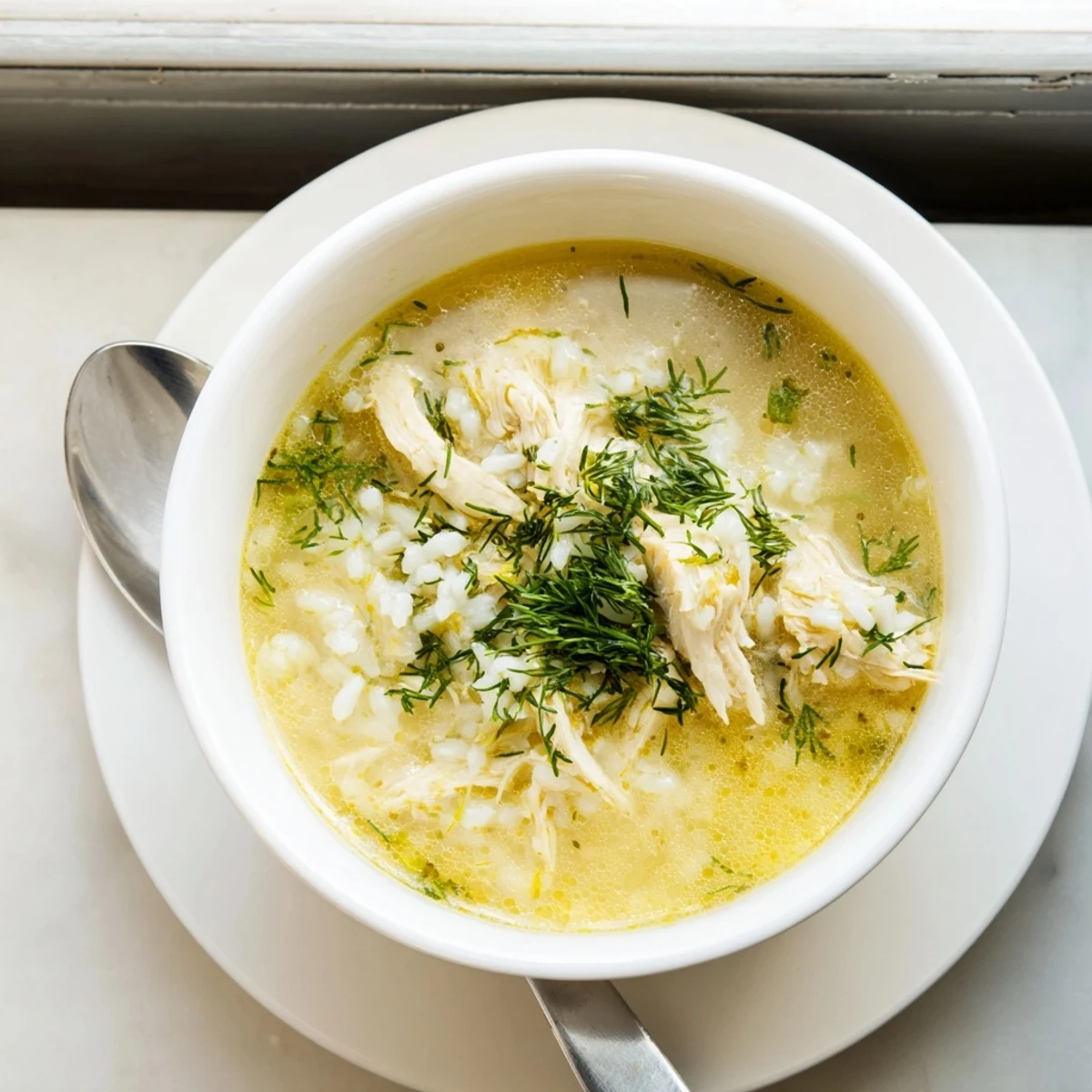 Steaming bowl of Avgolemono Greek lemon chicken soup with bright citrus flavors, shredded chicken pieces, and white rice garnished with herbs.