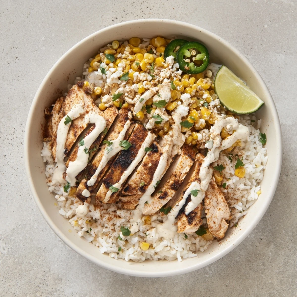 Vibrant Mexican-inspired street corn chicken rice bowl featuring grilled sliced chicken and smoky corn