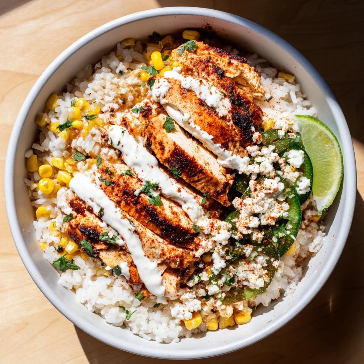 Hearty street corn chicken rice bowl drizzled with lime crema and fresh cilantro garnish