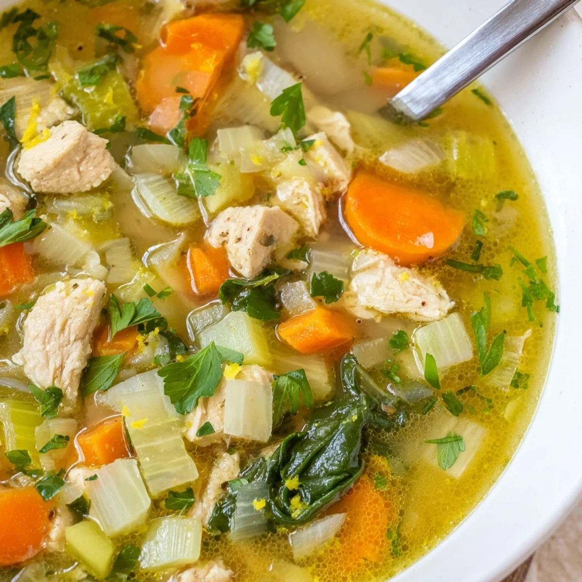 Steaming bowl of Mediterranean lemon herb chicken soup with tender chunks, colorful vegetables, and fresh parsley garnish