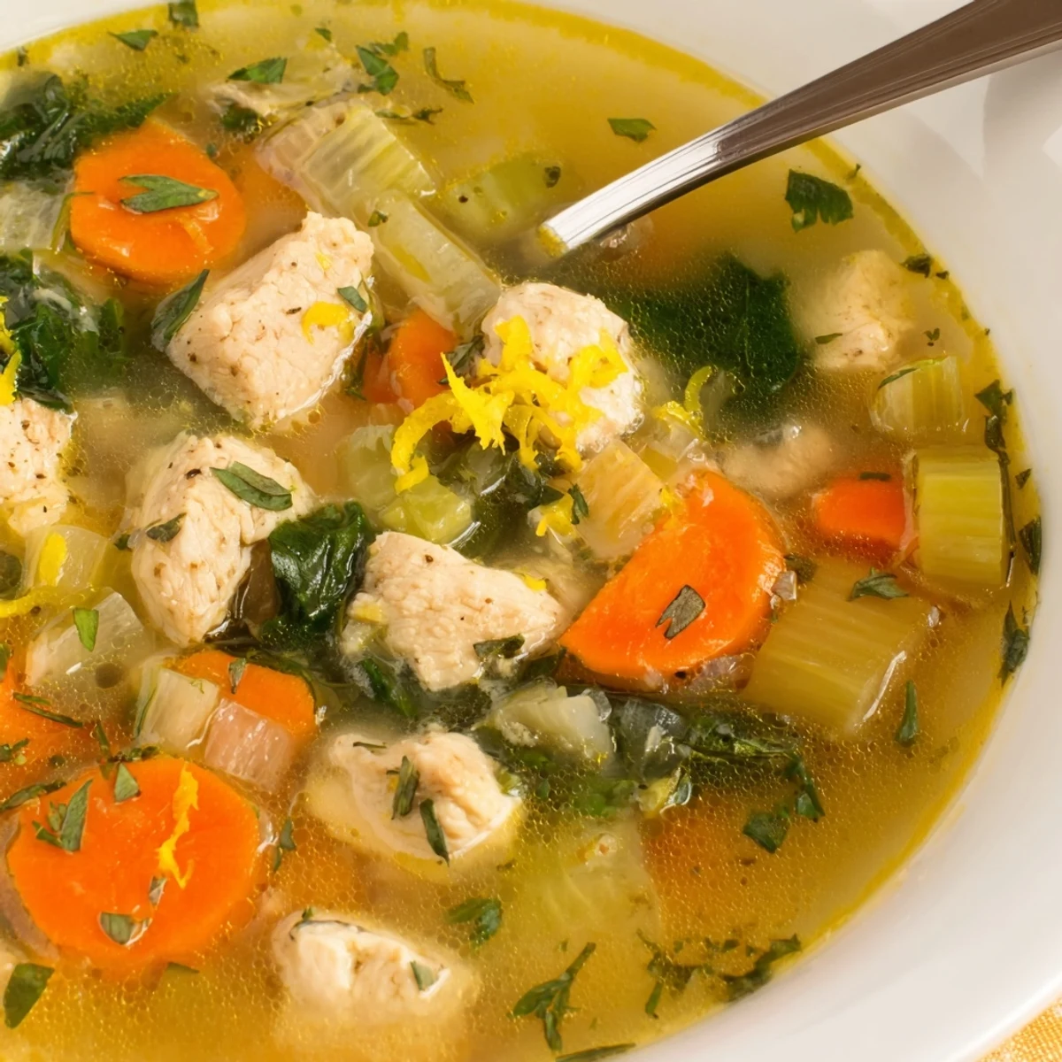 Close-up of hearty Mediterranean chicken soup featuring zesty lemon, tender chicken, and wilted spinach in a rich herb-infused broth