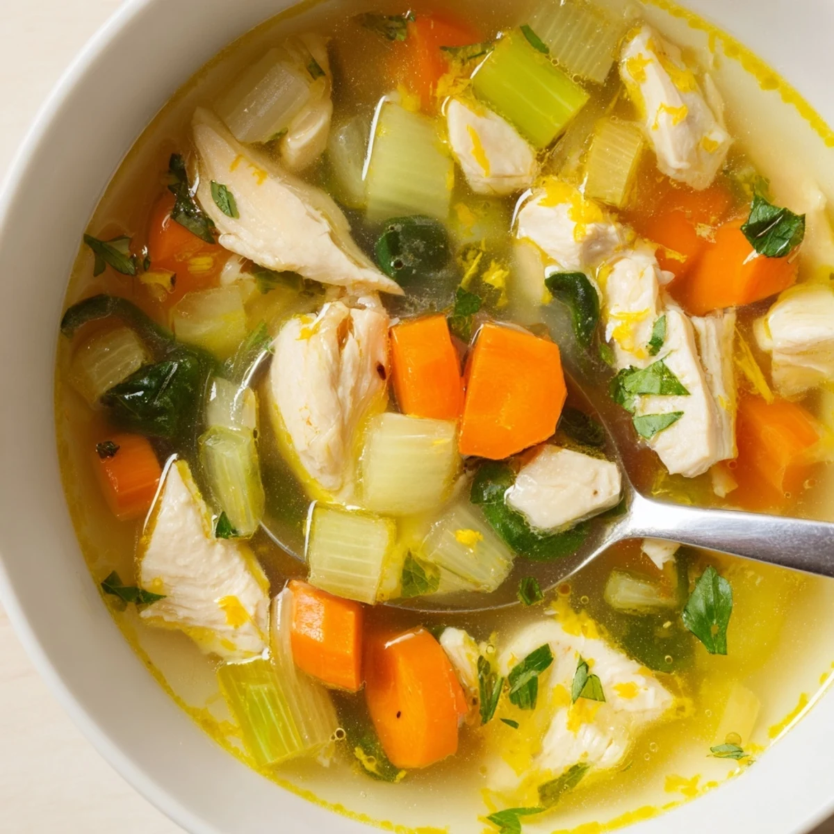 Golden chicken pieces swimming in aromatic broth with vibrant spinach, carrots, and celery in this comforting lemon herb soup