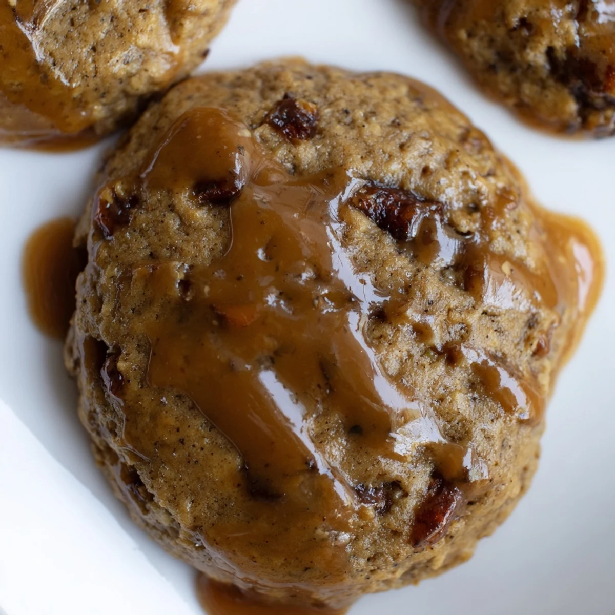Batch of homemade sticky toffee pudding cookies topped with rich toffee sauce