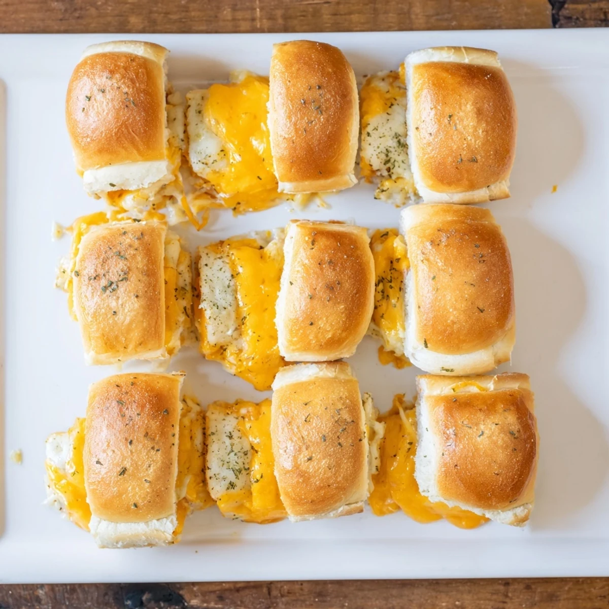 Golden brown mini grilled cheese Hawaiian rolls with melted cheddar cheese on a white plate