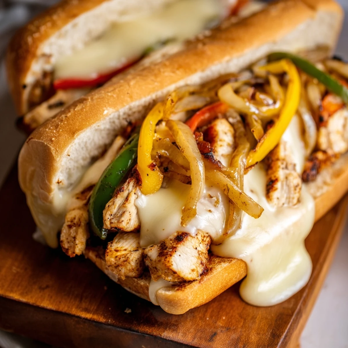 Ultimate chicken cheese steak sandwiches featuring juicy spiced chicken, colorful bell peppers, and gooey cheese on toasted rolls