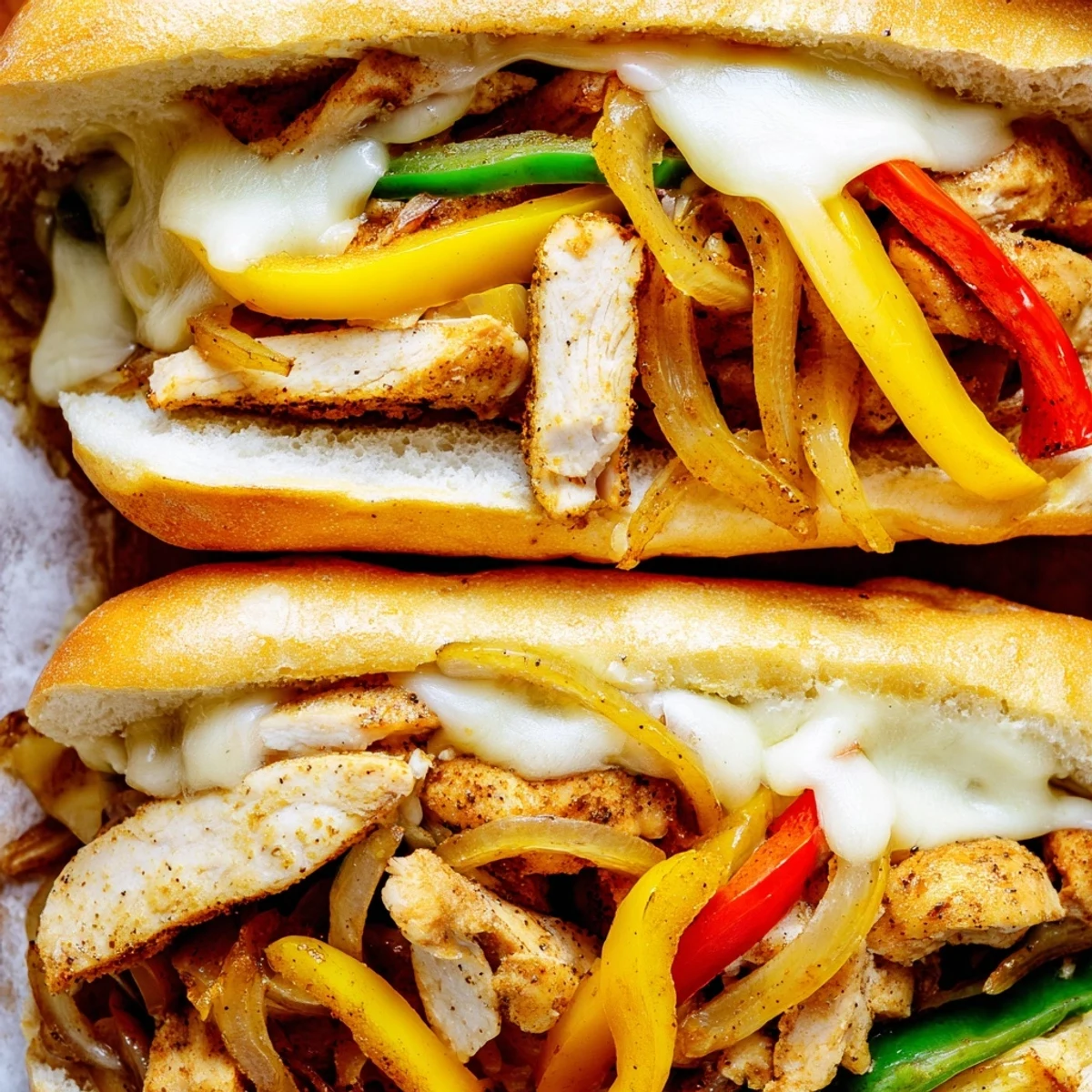 Sliced chicken breast strips with caramelized onions and peppers nestled in buttery hoagie rolls under bubbling provolone cheese